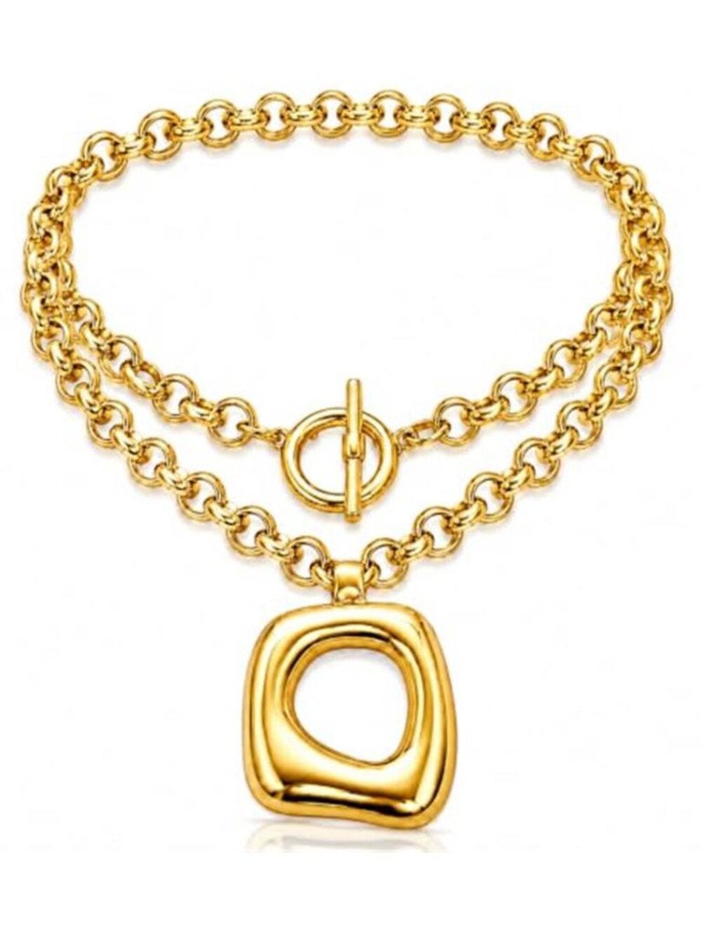 Gold Tone Chunky Square Pendant Necklace Toggle Clasp Long Statement Chain
